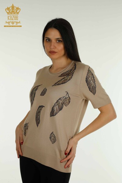 Wholesale Women's Knitwear Sweater Leaf Patterned Beige - 30477 | KAZEE - Kazee