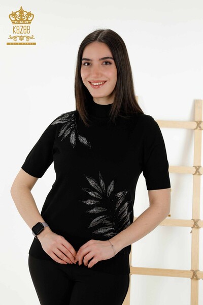 Wholesale Women's Knitwear Sweater Leaf Patterned Black - 16716 | KAZEE - Thumbnail