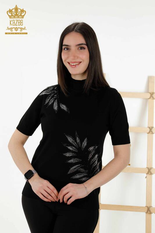 Wholesale Women's Knitwear Sweater Leaf Patterned Black - 16716 | KAZEE