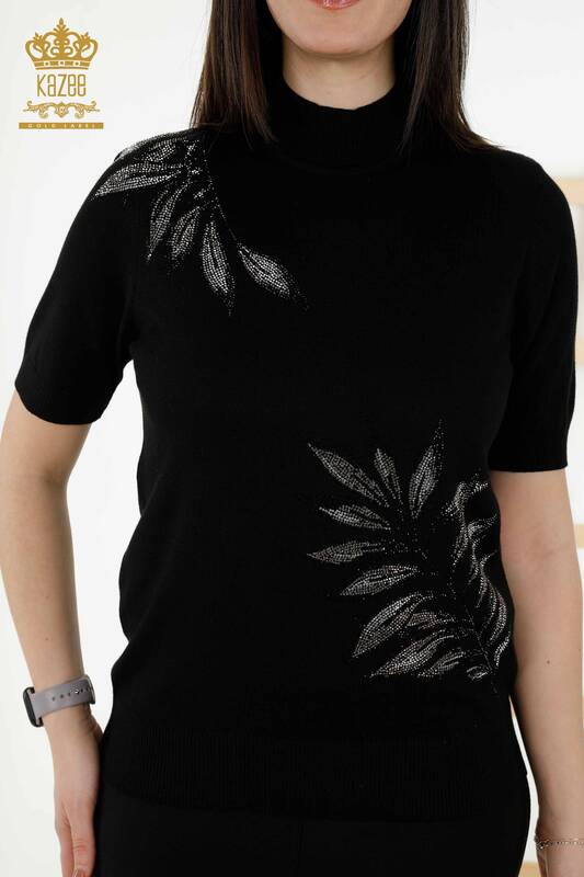Wholesale Women's Knitwear Sweater Leaf Patterned Black - 16716 | KAZEE