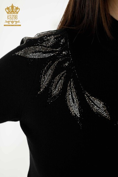 Wholesale Women's Knitwear Sweater Leaf Patterned Black - 16716 | KAZEE - Thumbnail