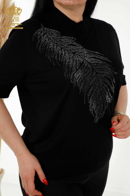 Wholesale Women's Knitwear Sweater - Leaf Patterned - Black - 30017 | KAZEE