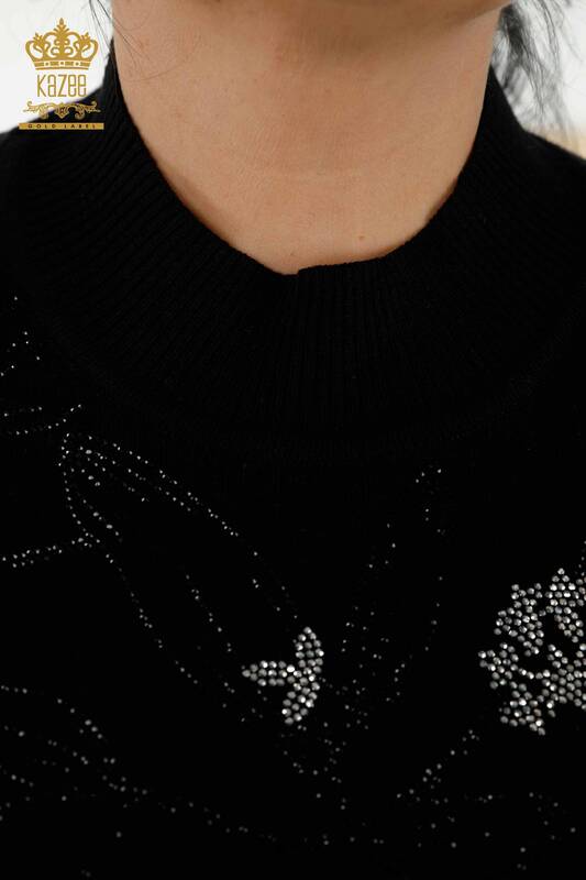 Wholesale Women's Knitwear Sweater - Leaf Patterned - Black - 30240 | KAZEE