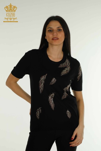 Wholesale Women's Knitwear Sweater Leaf Patterned Black - 30477 | KAZEE - Kazee