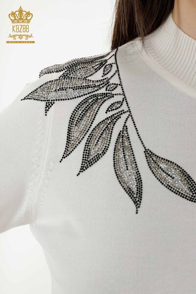 Wholesale Women's Knitwear Sweater Leaf Patterned Ecru - 16716 | KAZEE - Thumbnail