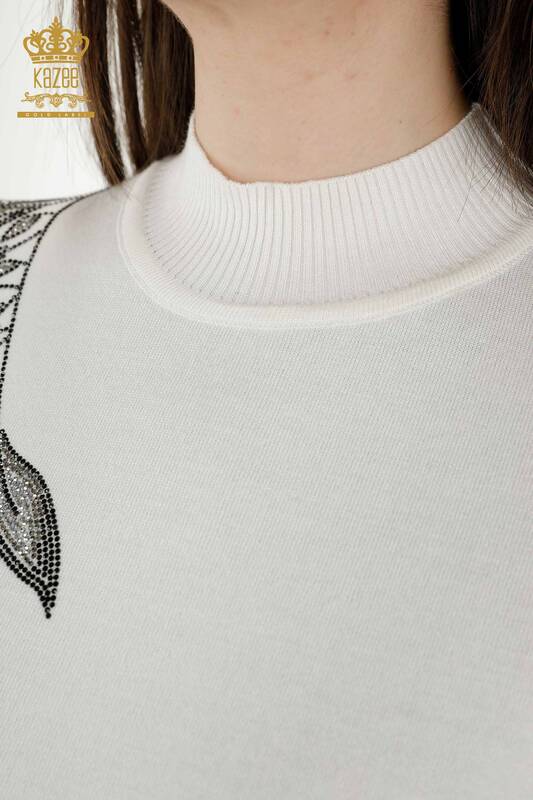 Wholesale Women's Knitwear Sweater Leaf Patterned Ecru - 16716 | KAZEE