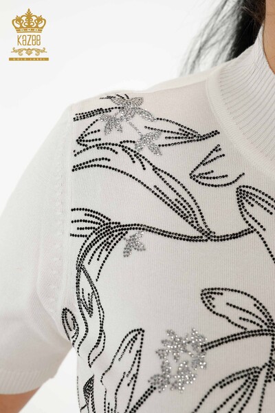 Wholesale Women's Knitwear Sweater - Leaf Patterned - Ecru - 30240 | KAZEE - Thumbnail