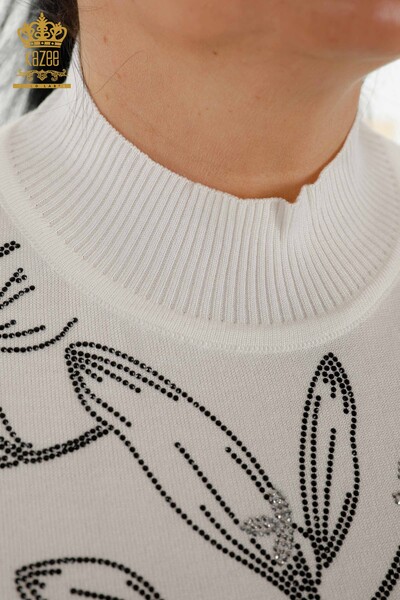 Wholesale Women's Knitwear Sweater - Leaf Patterned - Ecru - 30240 | KAZEE - Thumbnail