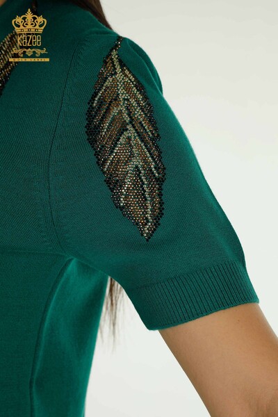Wholesale Women's Knitwear Sweater Green with Leaf Pattern - 30477 | KAZEE - Thumbnail