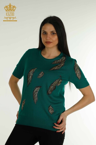 Wholesale Women's Knitwear Sweater Green with Leaf Pattern - 30477 | KAZEE - Kazee
