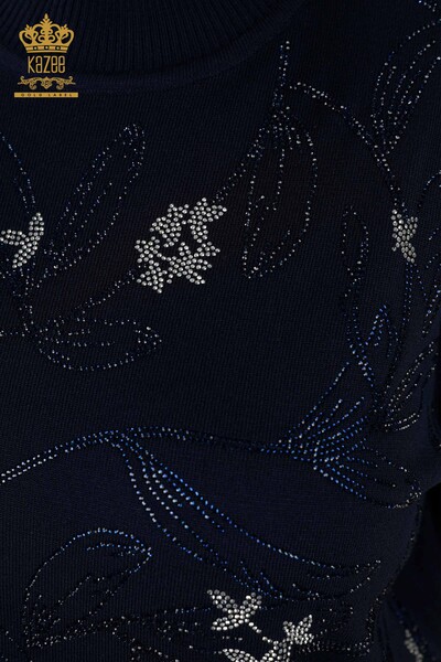 Wholesale Women's Knitwear Sweater - Leaf Patterned - Navy Blue - 30240 | KAZEE - Thumbnail
