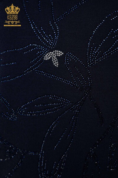 Wholesale Women's Knitwear Sweater - Leaf Patterned - Navy Blue - 30240 | KAZEE - Thumbnail