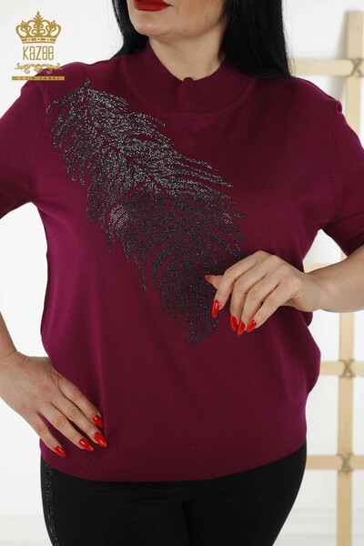 Wholesale Women's Knitwear Sweater - Leaf Patterned - Plum - 30017 | KAZEE - Thumbnail