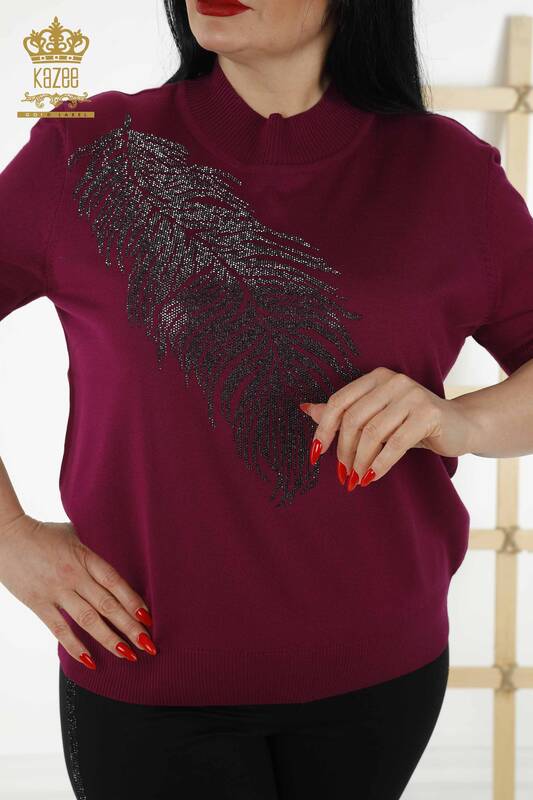 Wholesale Women's Knitwear Sweater - Leaf Patterned - Plum - 30017 | KAZEE