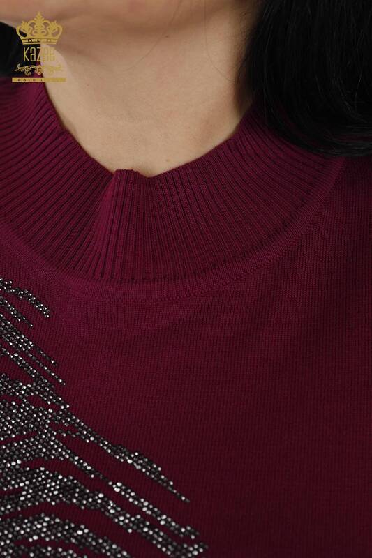 Wholesale Women's Knitwear Sweater - Leaf Patterned - Plum - 30017 | KAZEE