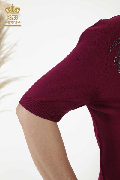 Wholesale Women's Knitwear Sweater - Leaf Patterned - Plum - 30017 | KAZEE - Thumbnail