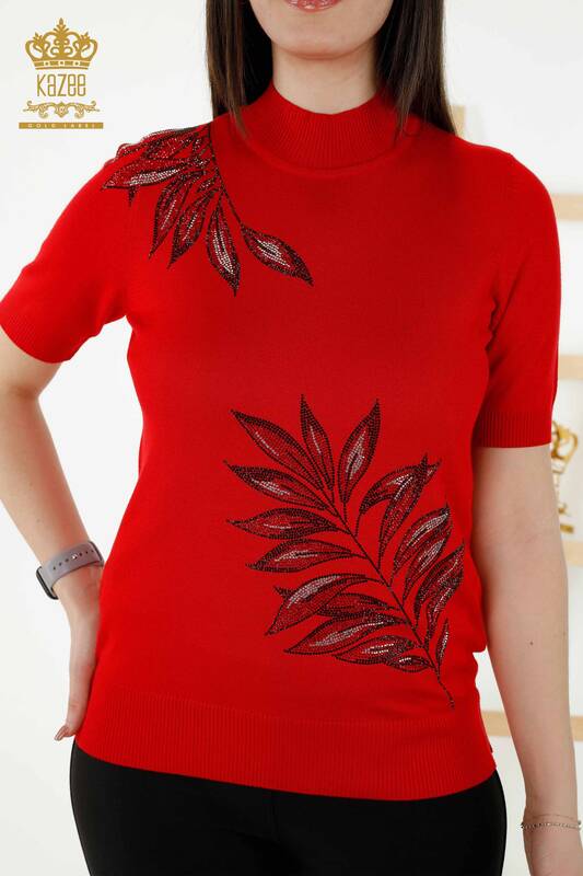 Wholesale Women's Knitwear Leaf Patterned Red - 16716 | KAZEE