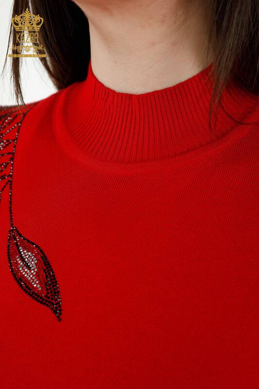 Wholesale Women's Knitwear Leaf Patterned Red - 16716 | KAZEE