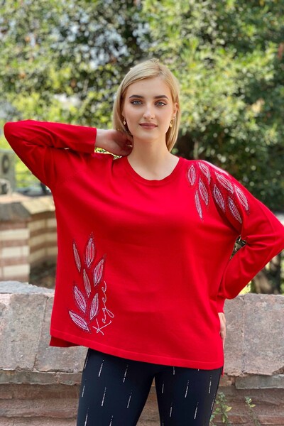 Wholesale Women's Knitwear Sweater Leaf Patterned Stone Embroidered - 16470 | KAZEE