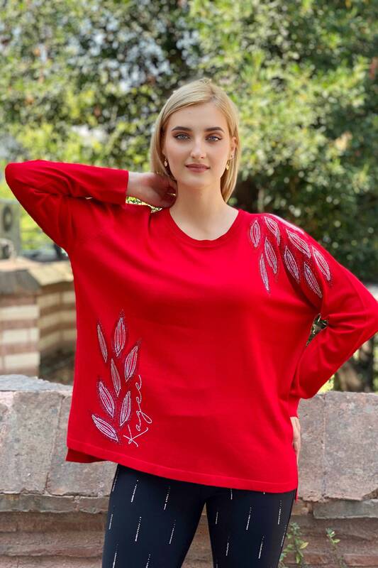 Wholesale Women's Knitwear Sweater Leaf Patterned Stone Embroidered - 16470 | KAZEE