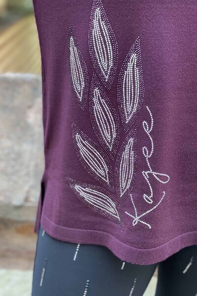 Wholesale Women's Knitwear Sweater Leaf Patterned Stone Embroidered - 16470 | KAZEE - Thumbnail