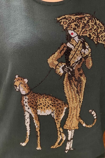 Wholesale Women's Knitwear Sweater Leopard Detailed Crew Neck - 16557 | KAZEE - Thumbnail