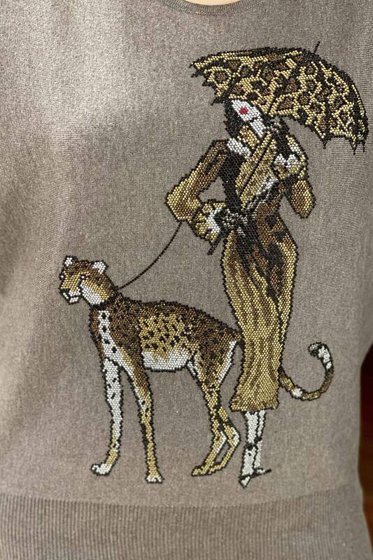 Wholesale Women's Knitwear Sweater Leopard Detailed Crew Neck - 16557 | KAZEE