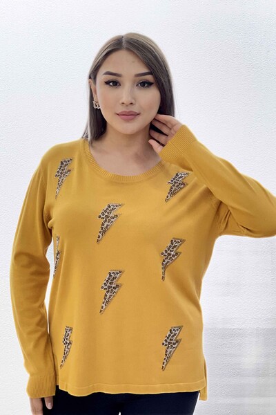Wholesale Women's Knitwear Sweater With Leopard Detail Embroidered Stone - 16464 | KAZEE - Thumbnail