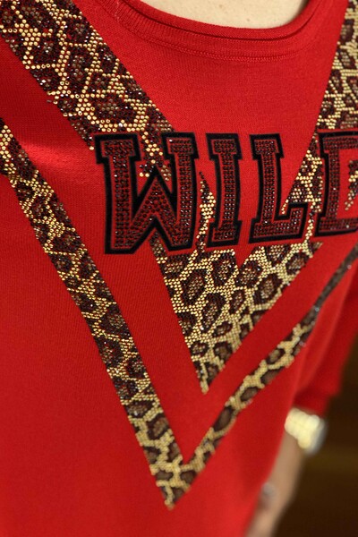 Wholesale Women's Knitwear Sweater Leopard Pattern Stone Embroidered - 16478 | KAZEE - Thumbnail