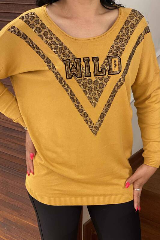 Wholesale Women's Knitwear Sweater Leopard Pattern Stone Embroidered - 16478 | KAZEE