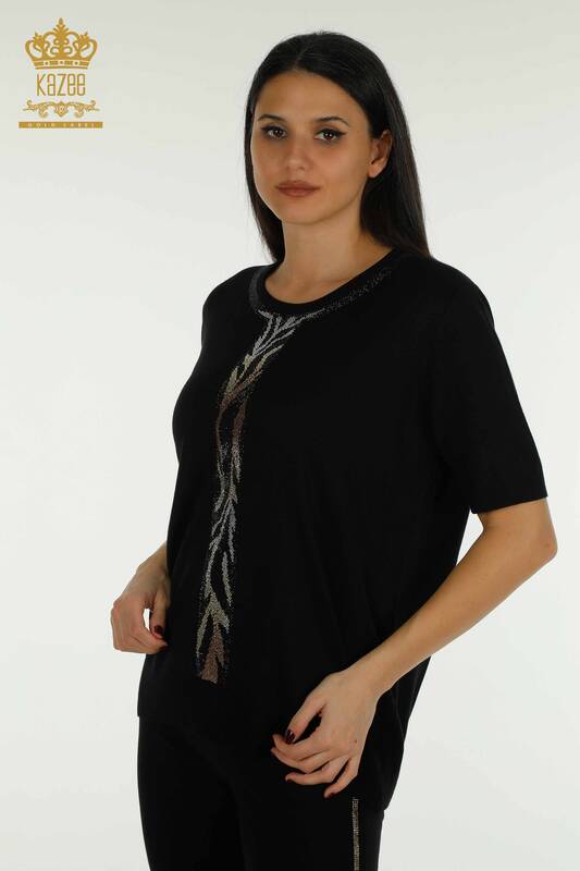 Wholesale Women's Knitwear Sweater Leopard Stone Embroidered Black - 30324 | KAZEE