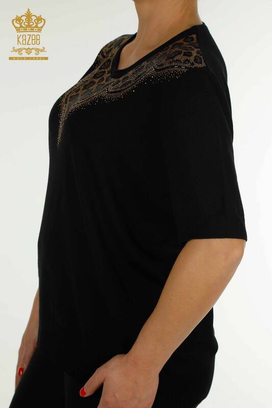 Wholesale Women's Knitwear Sweater Leopard Stone Embroidered Black - 30329 | KAZEE