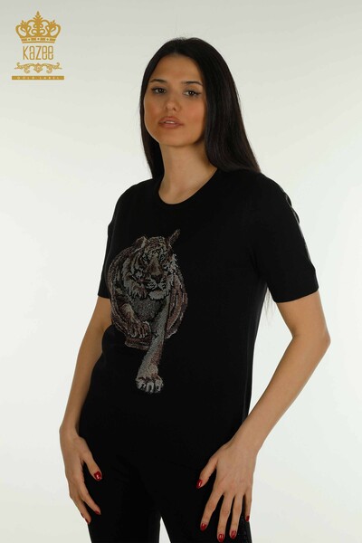 Wholesale Women's Knitwear Sweater Leopard Stone Embroidered Black - 30747 | KAZEE - Thumbnail