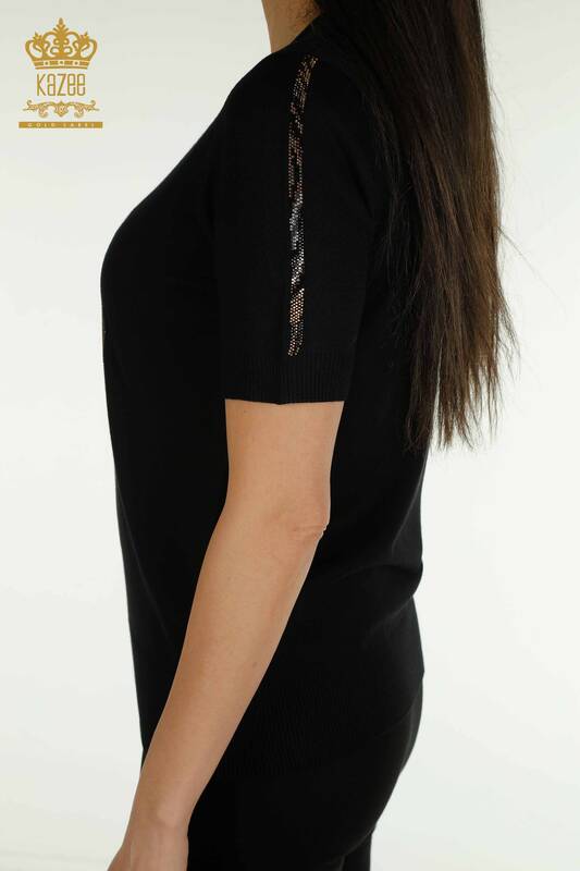Wholesale Women's Knitwear Sweater Leopard Stone Embroidered Black - 30747 | KAZEE
