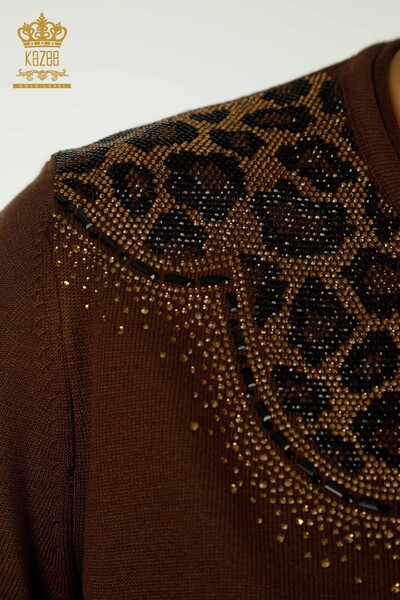 Wholesale Women's Knitwear Sweater Leopard Stone Embroidered Brown - 30329 | KAZEE - Thumbnail