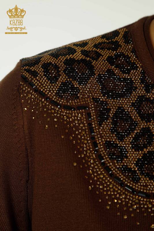 Wholesale Women's Knitwear Sweater Leopard Stone Embroidered Brown - 30329 | KAZEE