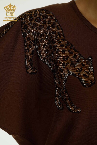 Wholesale Women's Knitwear Sweater Leopard Stone Embroidered Brown - 30633 | KAZEE - Thumbnail