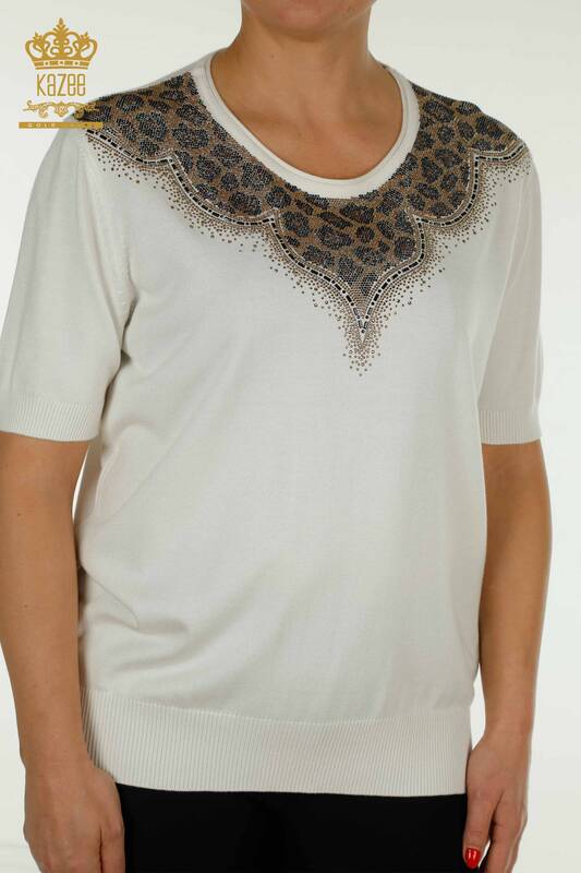 Wholesale Women's Knitwear Sweater Leopard Stone Embroidered Ecru - 30329 | KAZEE