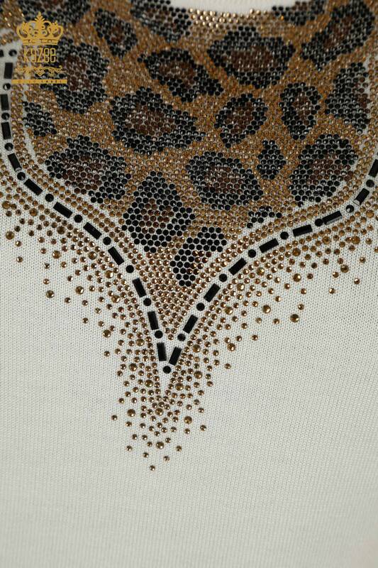 Wholesale Women's Knitwear Sweater Leopard Stone Embroidered Ecru - 30329 | KAZEE