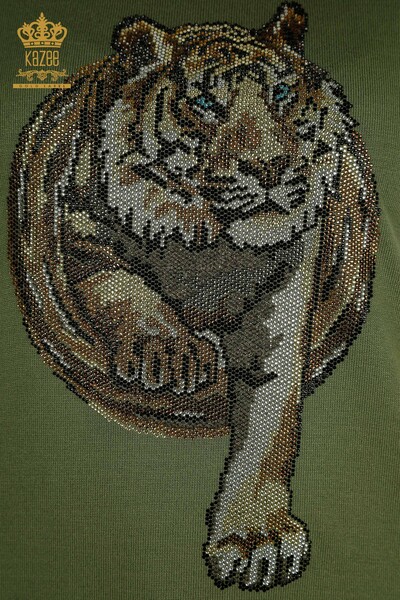 Wholesale Women's Knitwear Sweater Leopard Stone Embroidered Khaki - 30747 | KAZEE - Thumbnail (2)