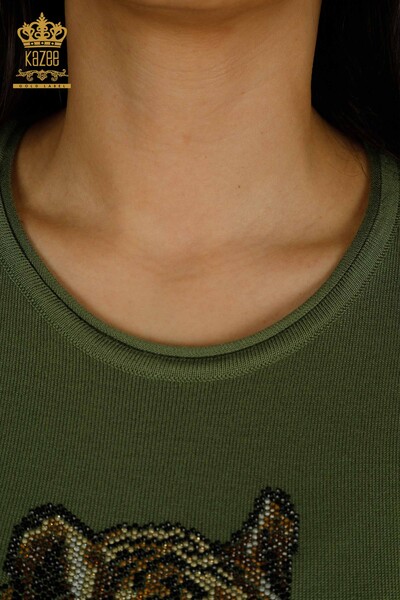 Wholesale Women's Knitwear Sweater Leopard Stone Embroidered Khaki - 30747 | KAZEE - Thumbnail