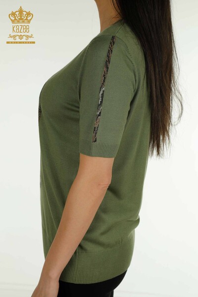 Wholesale Women's Knitwear Sweater Leopard Stone Embroidered Khaki - 30747 | KAZEE - Thumbnail