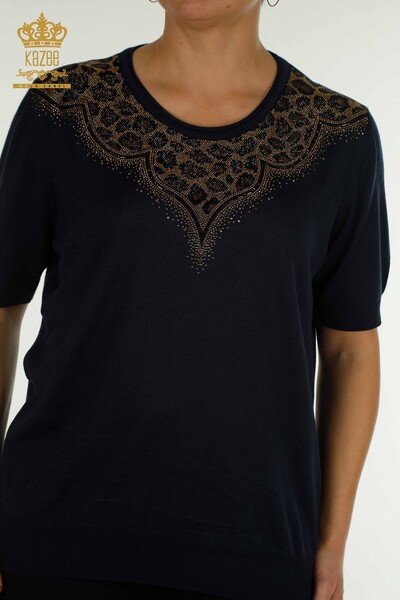 Wholesale Women's Knitwear Sweater Leopard Stone Embroidered Navy Blue - 30329 | KAZEE - Thumbnail