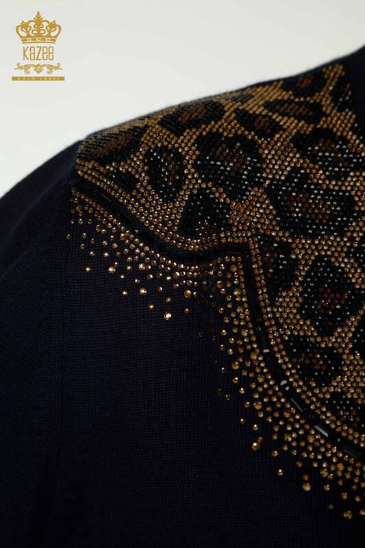 Wholesale Women's Knitwear Sweater Leopard Stone Embroidered Navy Blue - 30329 | KAZEE