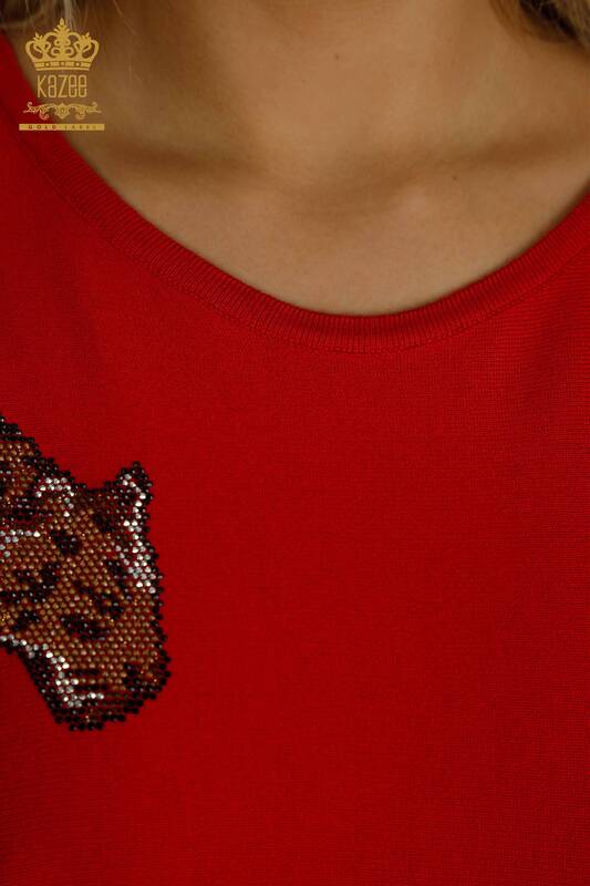 Wholesale Women's Knitwear Sweater Leopard Stone Embroidered Red - 30633 | KAZEE