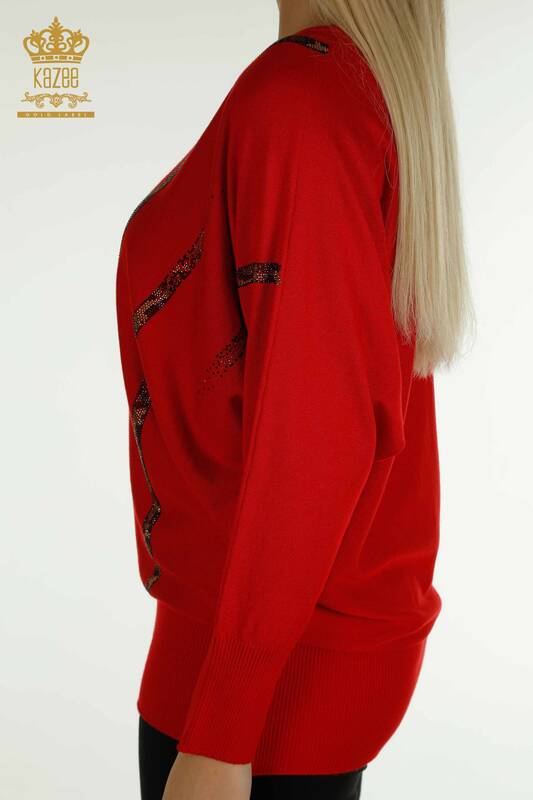 Wholesale Women's Knitwear Sweater Leopard Stone Embroidered Red - 30633 | KAZEE