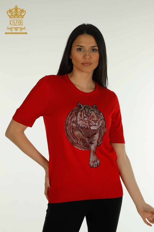 Wholesale Women's Knitwear Sweater Leopard Stone Embroidered Red - 30747 | KAZEE