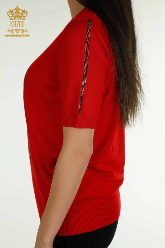 Wholesale Women's Knitwear Sweater Leopard Stone Embroidered Red - 30747 | KAZEE