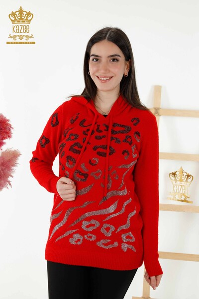 Wholesale Women's Knitwear Sweater - Leopard - Stone Embroidered Red - 40004 | KAZEE - Thumbnail
