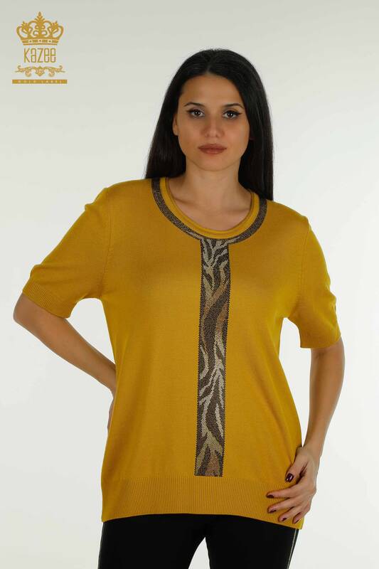 Wholesale Women's Knitwear Sweater Leopard Stone Embroidered Saffron - 30324 | KAZEE